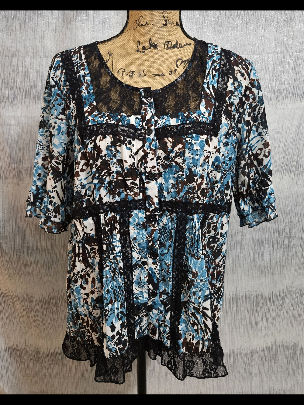 NY Collection Blue, Black & White Lace-Trim Button Blouse